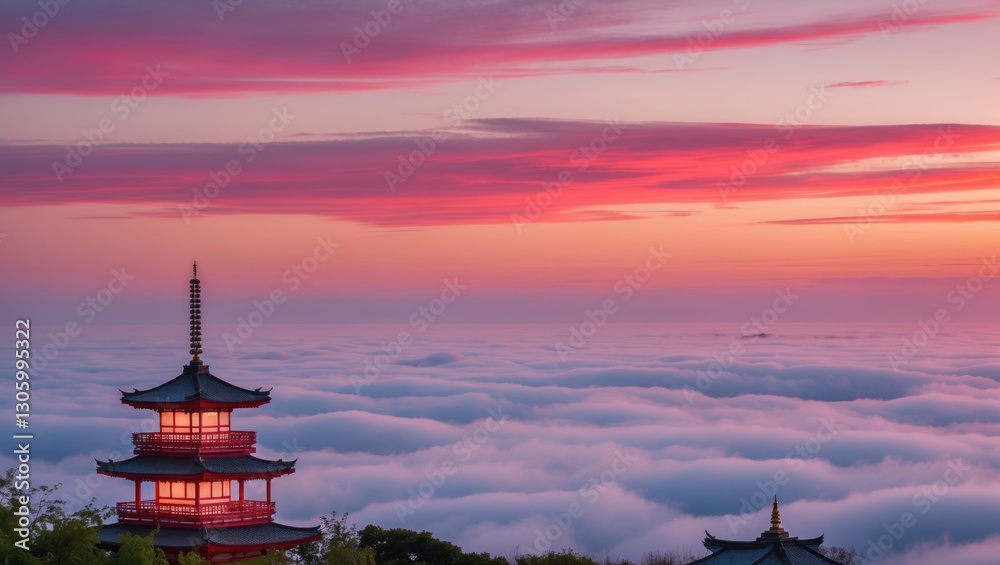 Scenic view of a traditional pagoda silhouetted against a colorful sunset sky, with wispy clouds below Scenic view of a traditional pagoda silhouetted against a colorful sunset sky, with wispy clouds below