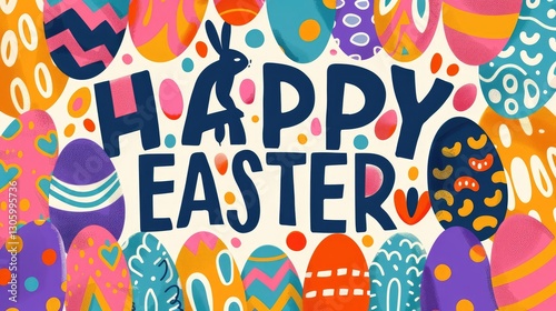 Cartoon Easter eggs with patterns, "HAPPY EASTER" in bold, rabbit silhouette, bright colors, flat design, layered depth, kids-style illustration.