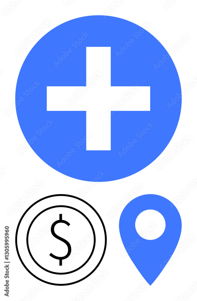 Fototapeta premium Blue medical cross, circular dollar coin icon, and blue location pin represent healthcare, finance, and navigation. Ideal for healthcare finance, location finding, savings, accessibility aid