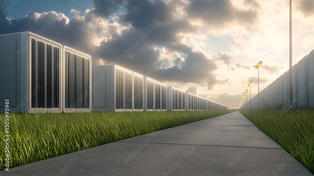 Image of a renewable energy battery farm showcasing advanced technology and infrastructure for energy storage.