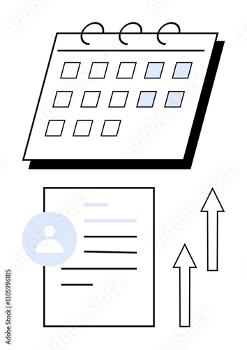 Calendar with marked dates, user profile on a document, and two upward arrows suggesting schedule planning, growth, and efficiency. Ideal for task management, productivity, business, career growth