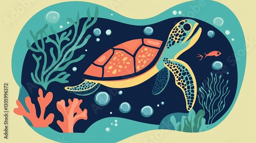 Colorful stylized sea turtle with coral, bubbles, and a small fish in ocean