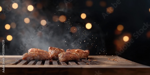 Juicy pieces of meat grilling on a barbecue, surrounded by aromatic smoke, highlighting the perfect blend of flavors and textures appealing to grill enthusiasts. photo