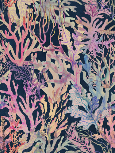 Wallpaper Mural Corals and seaweed painted in watercolor. Seamless pattern with sea plants. Watercolor wallpaper with underwater plants. Torontodigital.ca