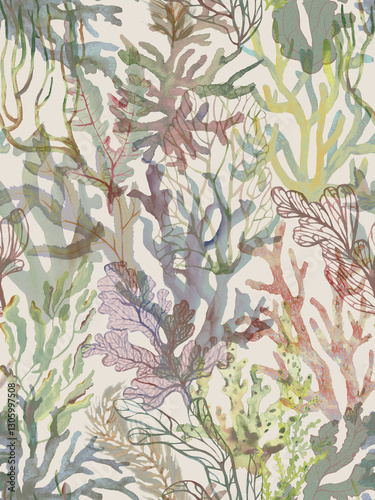 Wallpaper Mural Corals and seaweed painted in watercolor. Seamless pattern with sea plants. Watercolor wallpaper with underwater plants. Torontodigital.ca