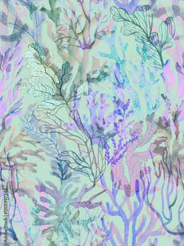 Wallpaper Mural Corals and seaweed painted in watercolor. Seamless pattern with sea plants. Watercolor wallpaper with underwater plants. Torontodigital.ca