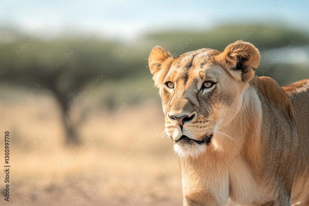 Obraz premium lioness walking gracefully through dry savanna with acacia trees visible in background