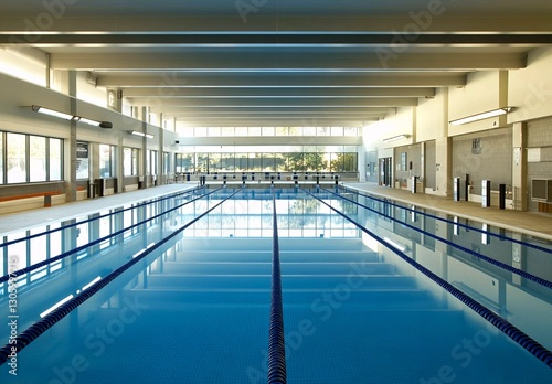 A spacious and modern indoor swimming pool with crystal-clear water, perfectly aligned lane dividers, and a well-lit, high-ceiling facility