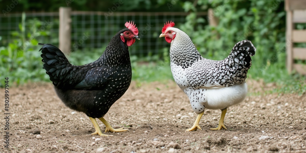 Fototapeta premium A charming image of two chickens, one black and the other white, pecking around the earthy ground of a farm, representing rural life and natural harmony.