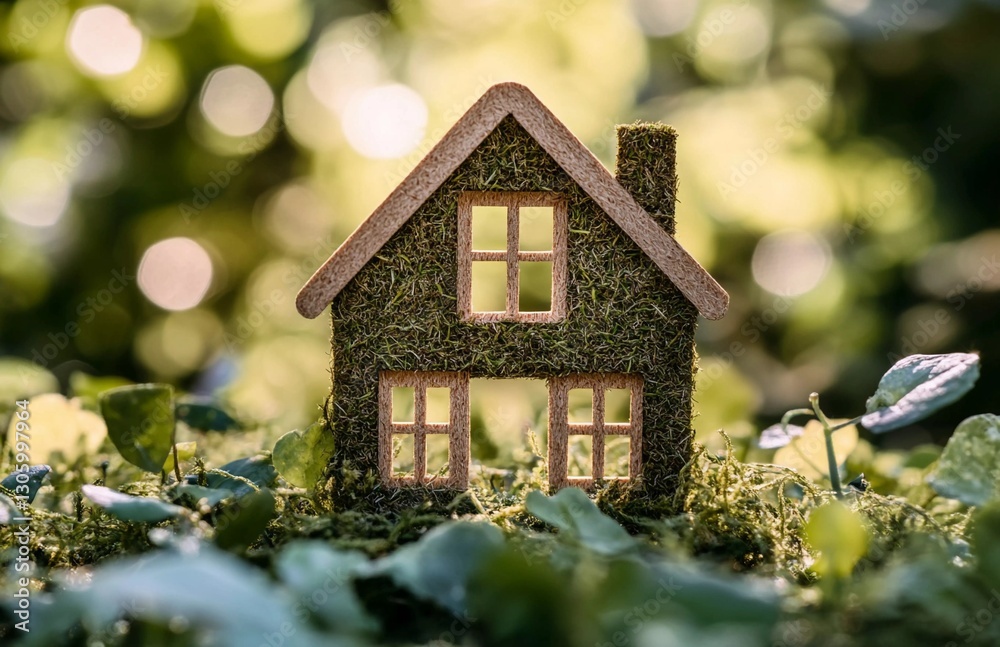 Eco-Friendly Home Concept with Miniature Moss-Covered House Eco-Friendly Home Concept with Miniature Moss-Covered House