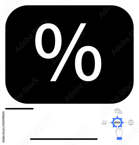 Large percentage symbol in bold black rectangular box. Bottom-right corner shows hand pointer selecting WMS gear, surrounded by icons of warehouse, truck, and globe. Ideal for finance, logistics