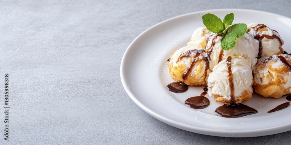 This exquisite dessert plate showcases perfectly crafted ice cream balls generously drizzled with rich chocolate sauce and accented with fresh mint, ideal for sweet indulgence. This exquisite dessert plate showcases perfectly crafted ice cream balls generously drizzled with rich chocolate sauce and accented with fresh mint, ideal for sweet indulgence.