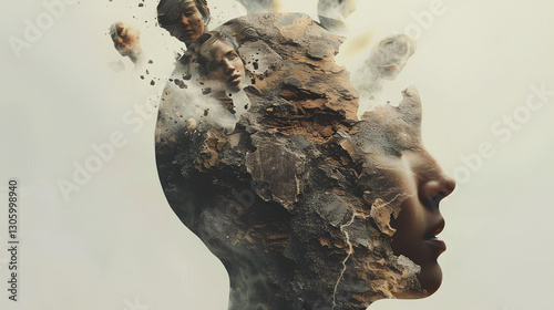  artwork of a human head splitting apart, revealing multiple miniature characters