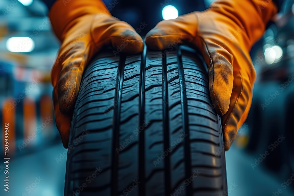 Obraz premium Mechanic Installing Tire, Automotive Workshop, Professional Repair Service