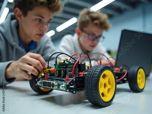 Young Innovators Working on a Robotics Project in a Modern Classroom