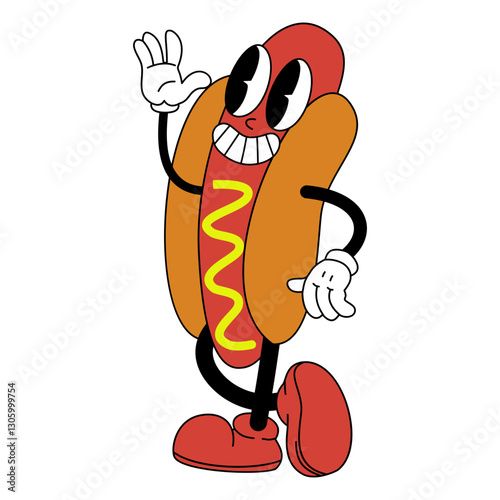 Hotdog Character with Retro Design Style. Isolated Vector Illustration.
