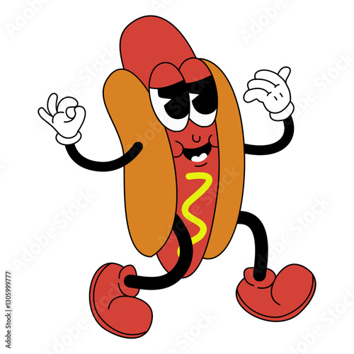 Hotdog Character with Retro Design Style. Isolated Vector Illustration.