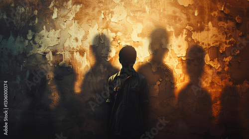A mysterious silhouette of a person standing in front of a textured wall, with multiple shadow