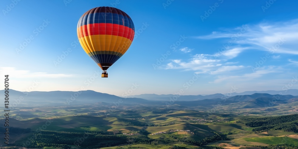 Obraz premium A vibrant hot air balloon floats majestically above vast green fields, showcasing the beauty of nature and the thrill of adventure in the great outdoors.