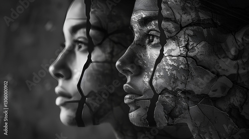 a person with a cracked face effect using double exposure