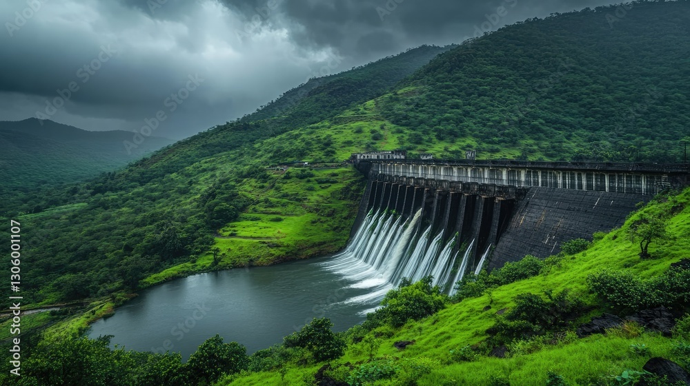 A dam nestled in a remote, mountainous region, with water cascading through the spillways, surrounded by lush green valleys A dam nestled in a remote, mountainous region, with water cascading through the spillways, surrounded by lush green valleys