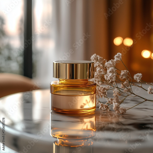 Elegant glass bottle with luxury supplement on table