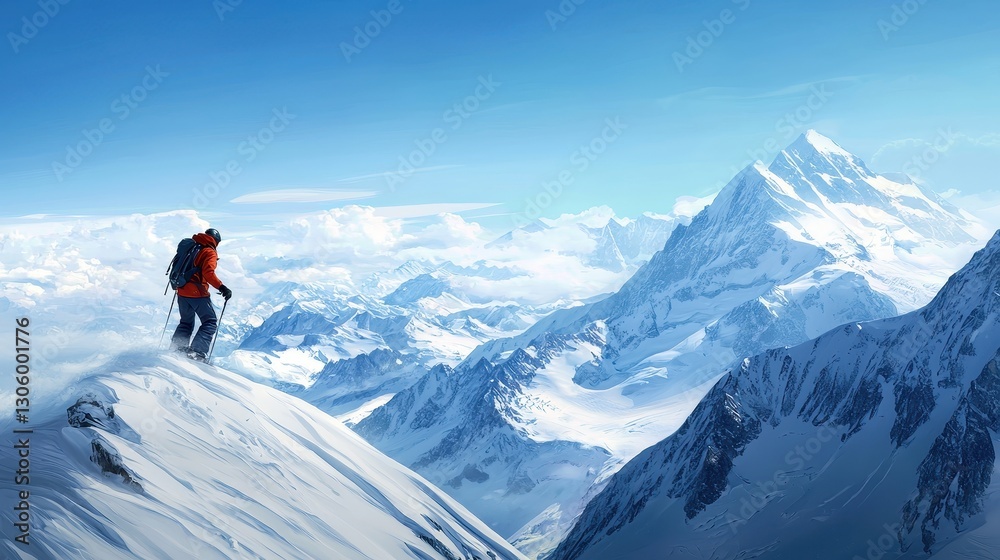 A climber stands atop a snowy peak, gazing at majestic mountains under a clear blue sky, embodying the thrill of adventure and the beauty of nature. A climber stands atop a snowy peak, gazing at majestic mountains under a clear blue sky, embodying the thrill of adventure and the beauty of nature.