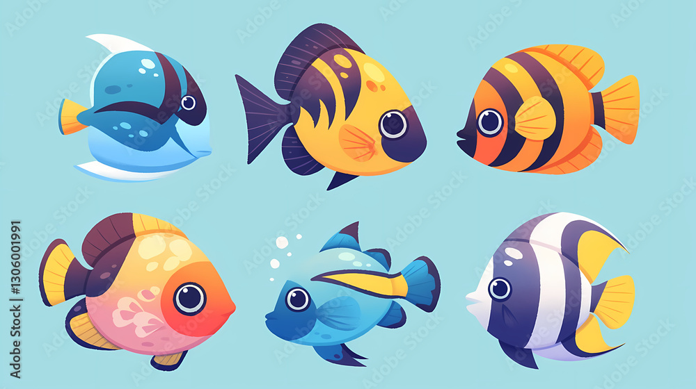 Naklejka premium Colorful cartoon fish swimming playfully against a light blue background, showcasing various species