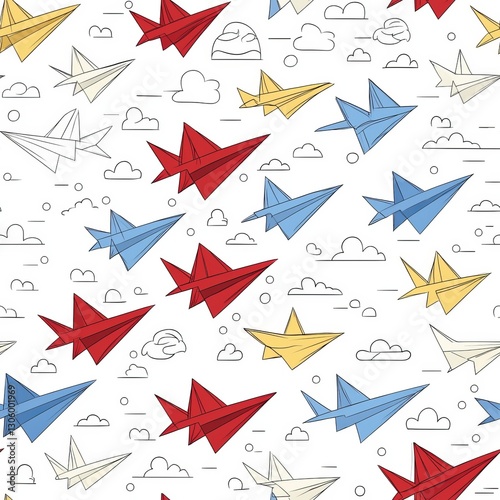 Free Download Seamless pattern wallpaper of paper airplanes playful background design cheerful environment whimsical concept - GFXLoad