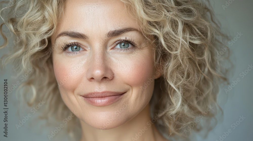 Close-up portrait of a woman with blonde curly hair, subtly smiling. Ideal for beauty, skincare, or mature female-focused projects. Close-up portrait of a woman with blonde curly hair, subtly smiling. Ideal for beauty, skincare, or mature female-focused projects.