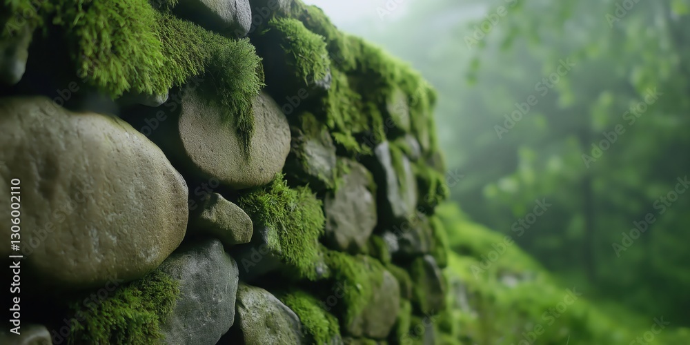 Captured in a misty setting, this image shows a stone wall covered in vibrant moss, highlighting nature's ability to reclaim and beautify the built environment.