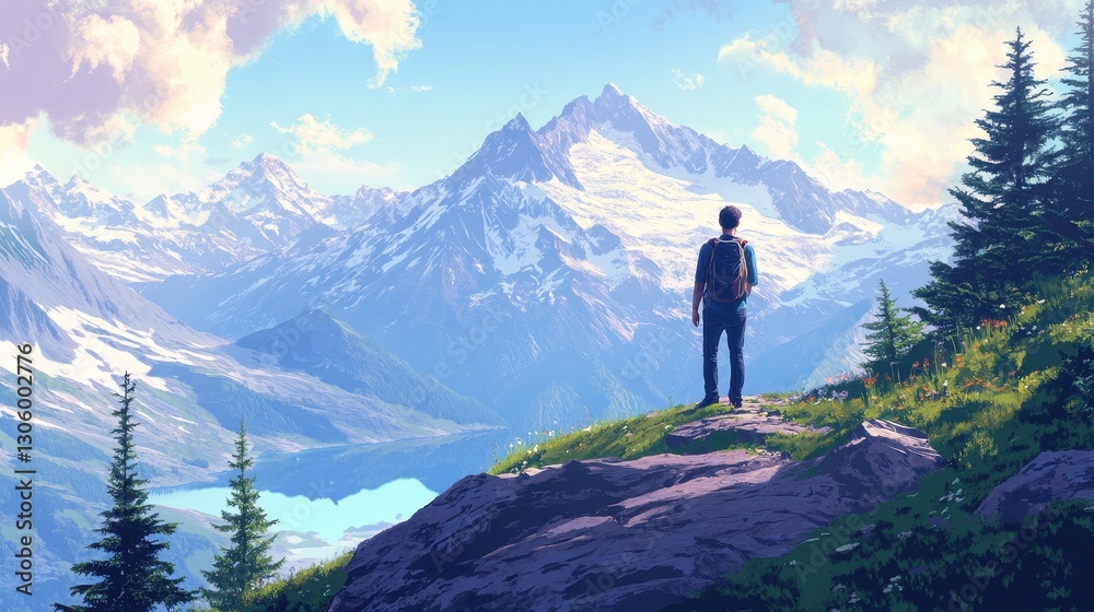 Man with backpack admires majestic snow-capped mountains and serene valley. Perfect for travel, adventure, and nature themes. Man with backpack admires majestic snow-capped mountains and serene valley. Perfect for travel, adventure, and nature themes.