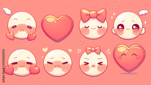 A collection of cute, expressive cartoon faces and hearts on a soft pink background, ideal for digital art