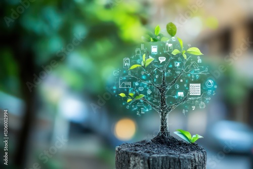 An internship growth concept, where a tree with icons like goals, skills, and mentoring grows from the foundation of opportunity and training.