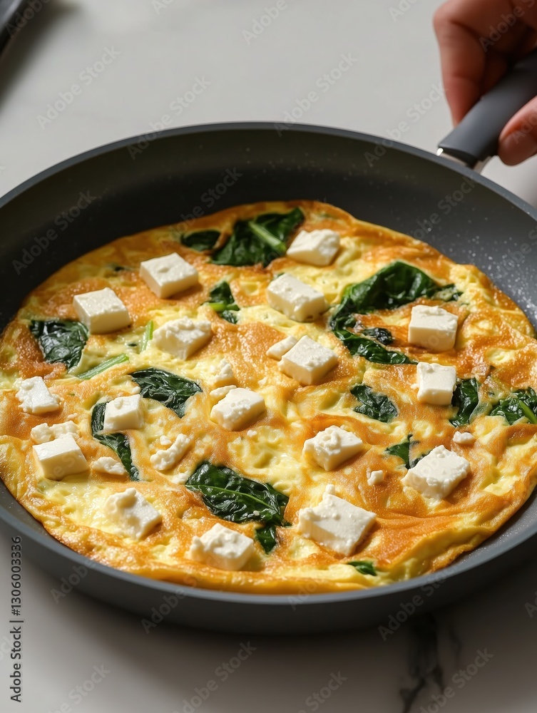 Golden omelet with spinach and feta cheese cooked in a black frying pan, being served, selective focus Golden omelet with spinach and feta cheese cooked in a black frying pan, being served, selective focus