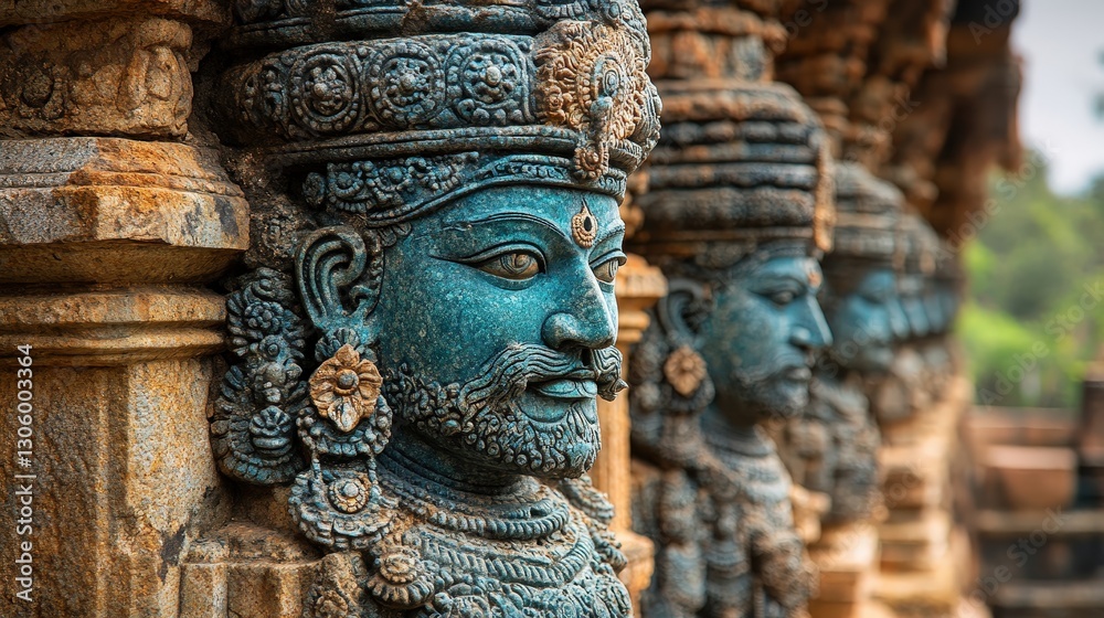 Carved deities adorn an ancient Indian temple, with forest in background Carved deities adorn an ancient Indian temple, with forest in background