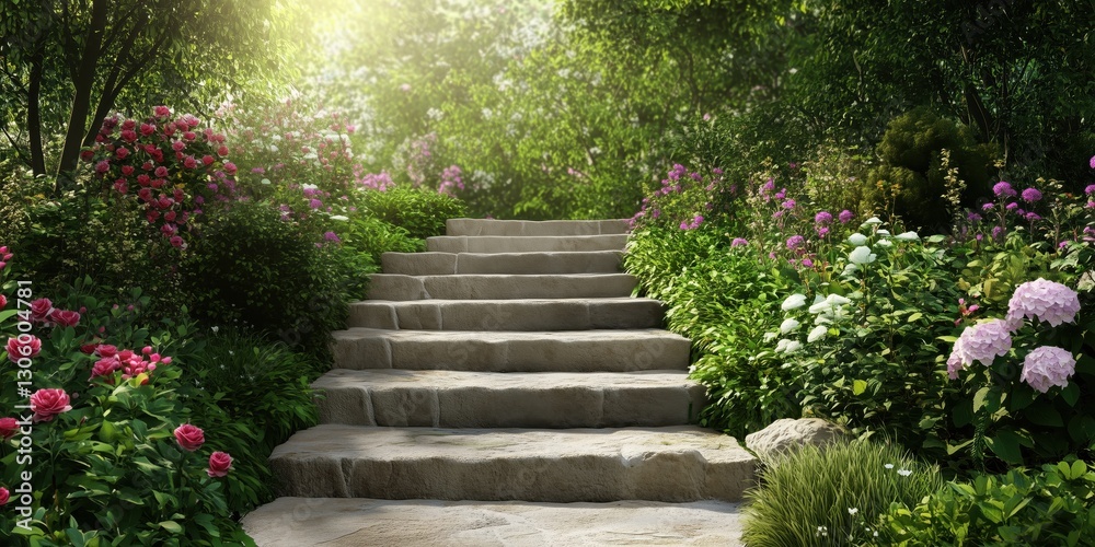 This enchanting staircase is bordered by a stunning array of colorful flowers, creating an inviting and serene atmosphere for relaxation and reflection in nature. This enchanting staircase is bordered by a stunning array of colorful flowers, creating an inviting and serene atmosphere for relaxation and reflection in nature.