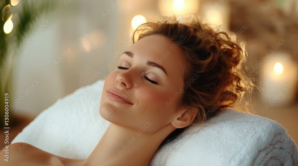 Relaxed woman with eyes closed, enjoying a spa treatment. Perfect for websites promoting wellness, beauty, and relaxation. Relaxed woman with eyes closed, enjoying a spa treatment. Perfect for websites promoting wellness, beauty, and relaxation.
