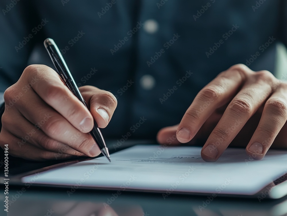 Person Writing with Pen on Paper in Low Light Setting Person Writing with Pen on Paper in Low Light Setting