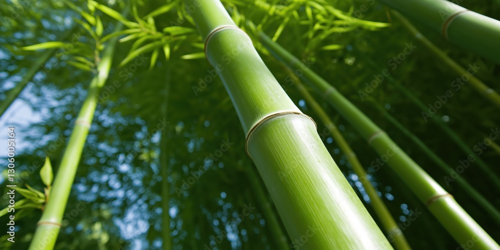 Obraz premium A striking close-up image of thick green bamboo stalks soaring upward, emphasizes the strength and elegance of this plant, symbolizing resilience and nature’s beauty.