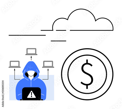 Hacker in hood on laptop with alert sign connected to multiple devices, dollar symbol, and cloud. Ideal for finance security, data breach, cybercrime, hacking, online safety, technology flat simple