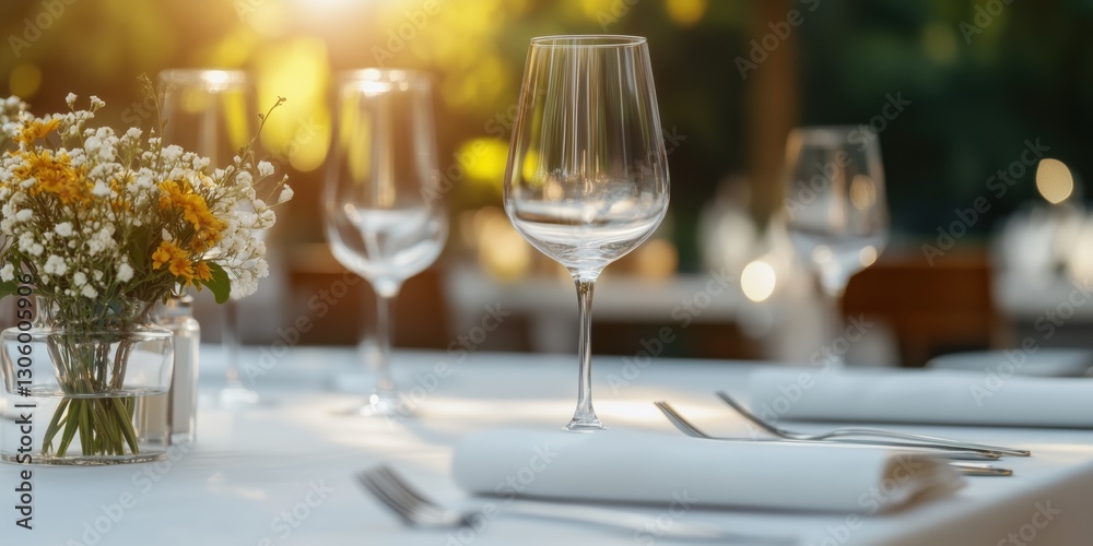 An elegantly set dining table adorned with glassware and fresh flowers, bathed in golden sunlight, inviting guests to enjoy a delightful meal in a serene atmosphere. An elegantly set dining table adorned with glassware and fresh flowers, bathed in golden sunlight, inviting guests to enjoy a delightful meal in a serene atmosphere.