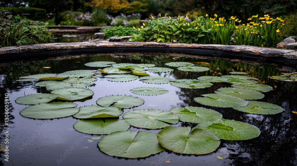 Lily Pads Floating on Dark Water in a Garden Pond Lily Pads Floating on Dark Water in a Garden Pond