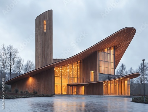Modern church with wood, natural lighting, outdoors