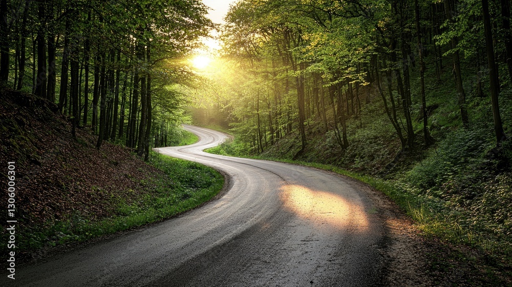 Naklejka premium A winding road leading through a lush green forest with sunlight filtering through the trees.