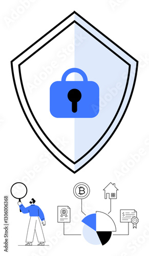 Shield with lock symbolizing protection, pie chart, blockchain, and icons for finance, home, and certifications. Ideal for security, finance, blockchain privacy technology risk management