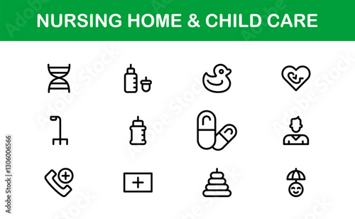 Nursing Home and Child Care Icon Set. Premium Icons for Senior Care, Elderly Assistance, Childcare, and Family Support