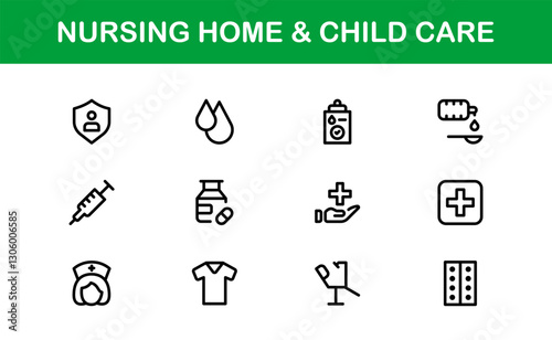 Nursing Home and Child Care Icon Set. Premium Icons for Senior Care, Elderly Assistance, Childcare, and Family Support