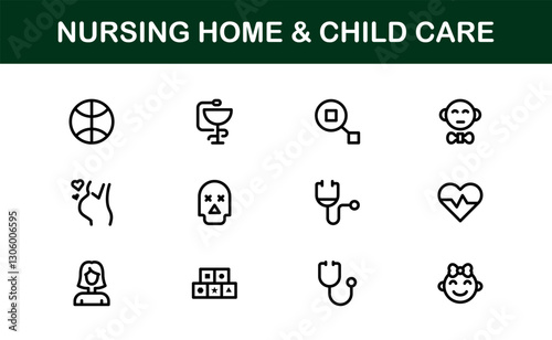 Nursing Home and Child Care Icon Set. Premium Icons for Senior Care, Elderly Assistance, Childcare, and Family Support