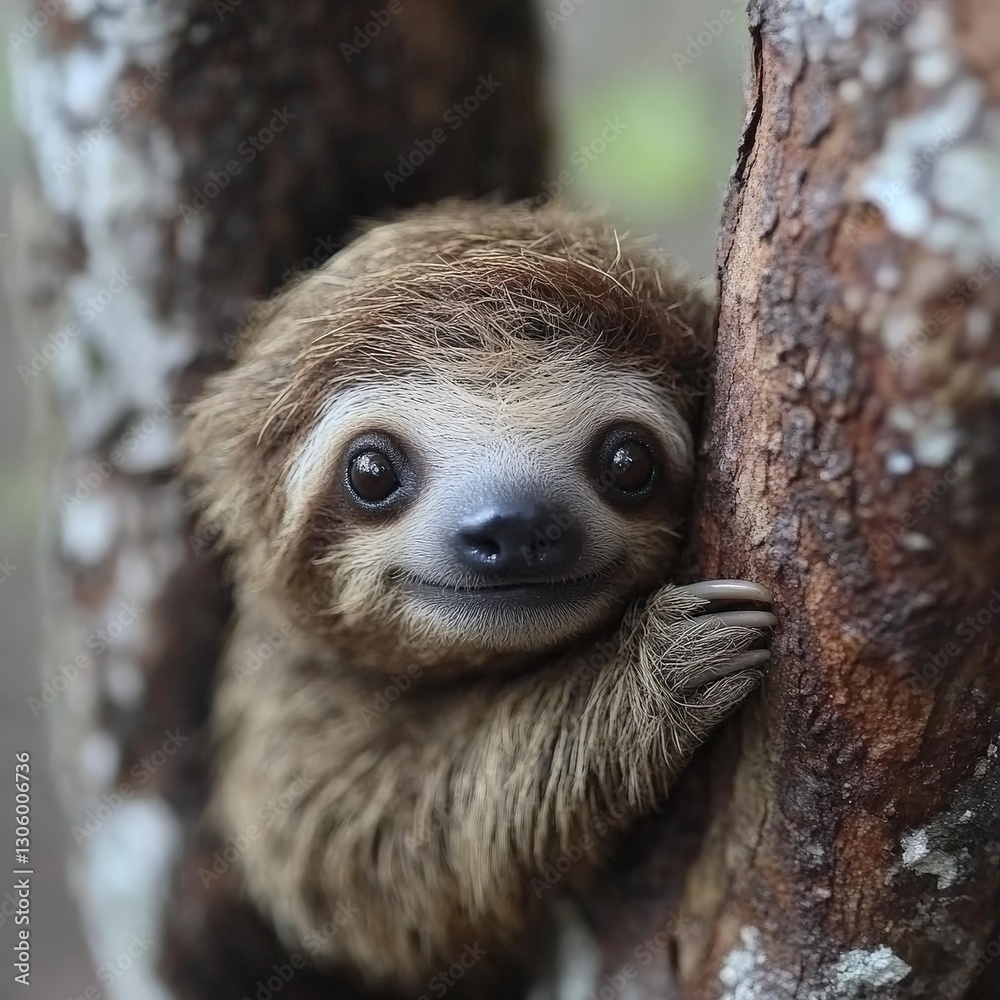 Fototapeta premium Sloth clinging to a tree, smiling friendly.